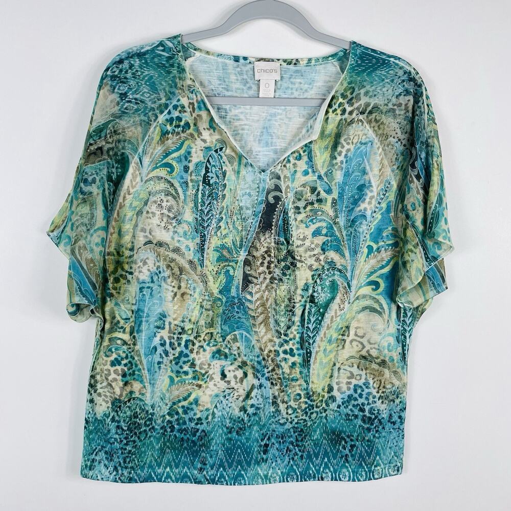 Chico's Size Small 4 0 Printed Embellished Blouse Top Green